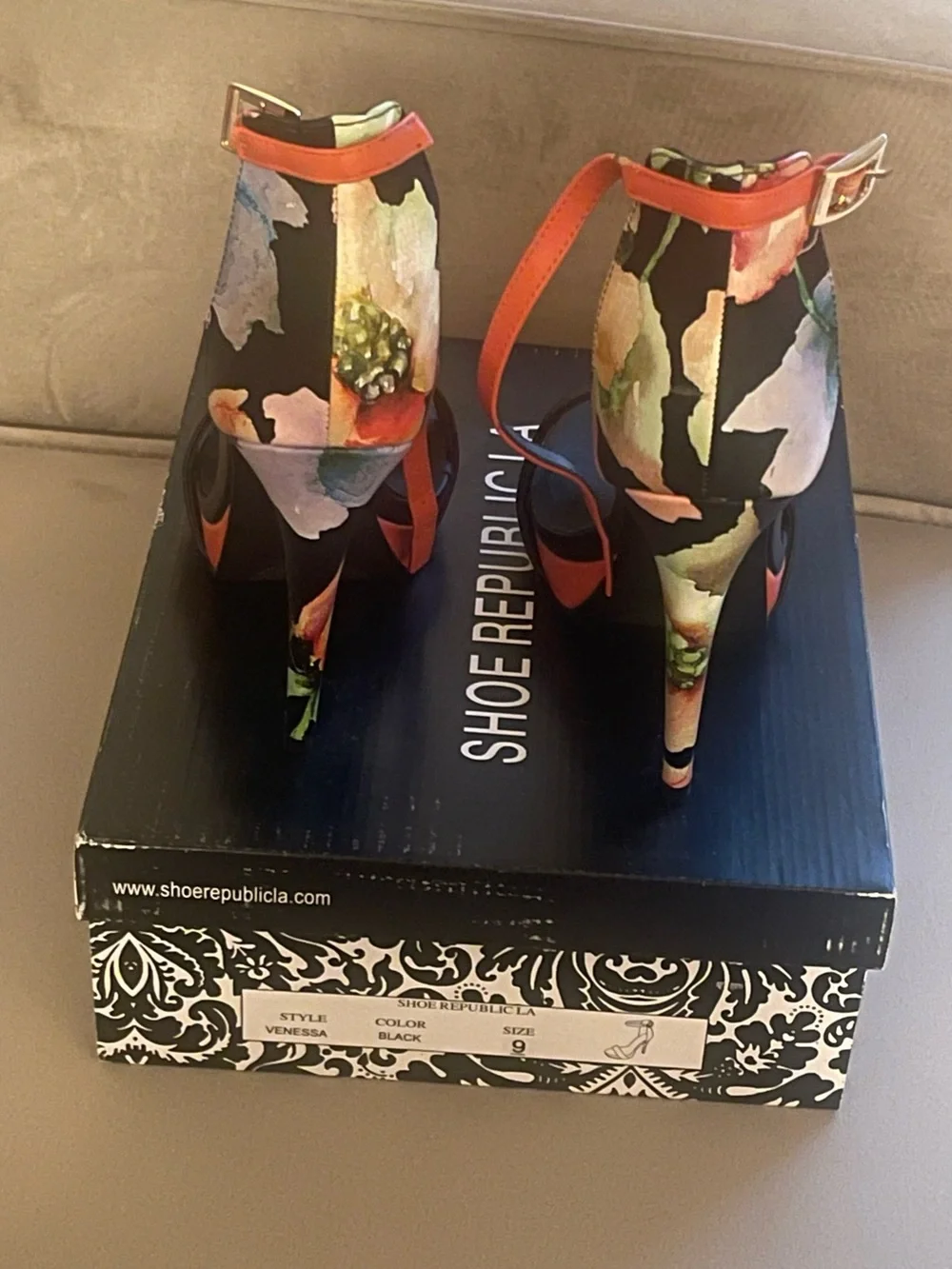 Floral Black and Orange Women's Strappy High Heels